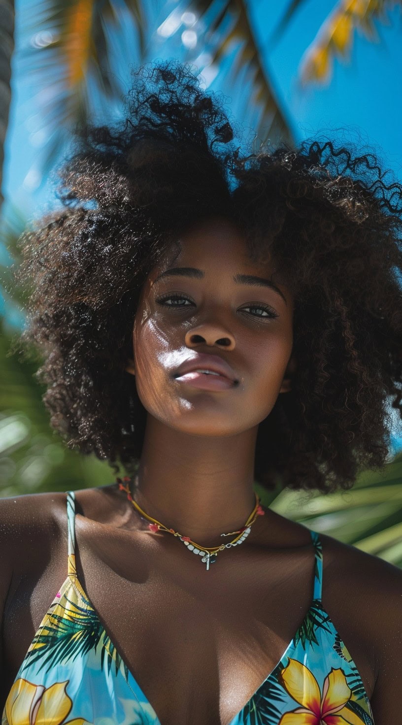 In the photo, a woman with voluminous natural curls stands under palm trees.