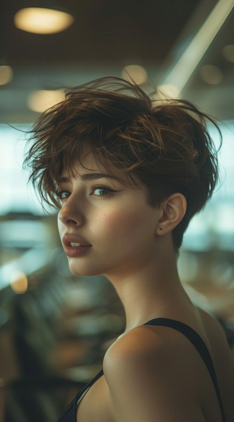 A woman with a voluminous pixie cut in an airport setting.