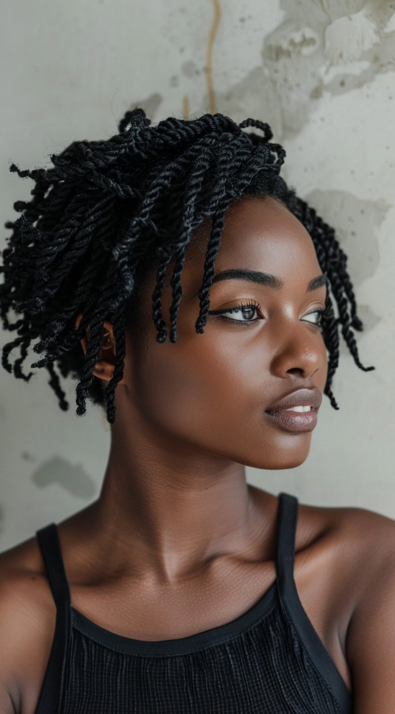 The image displays a woman with voluminous side-swept crochet twists.