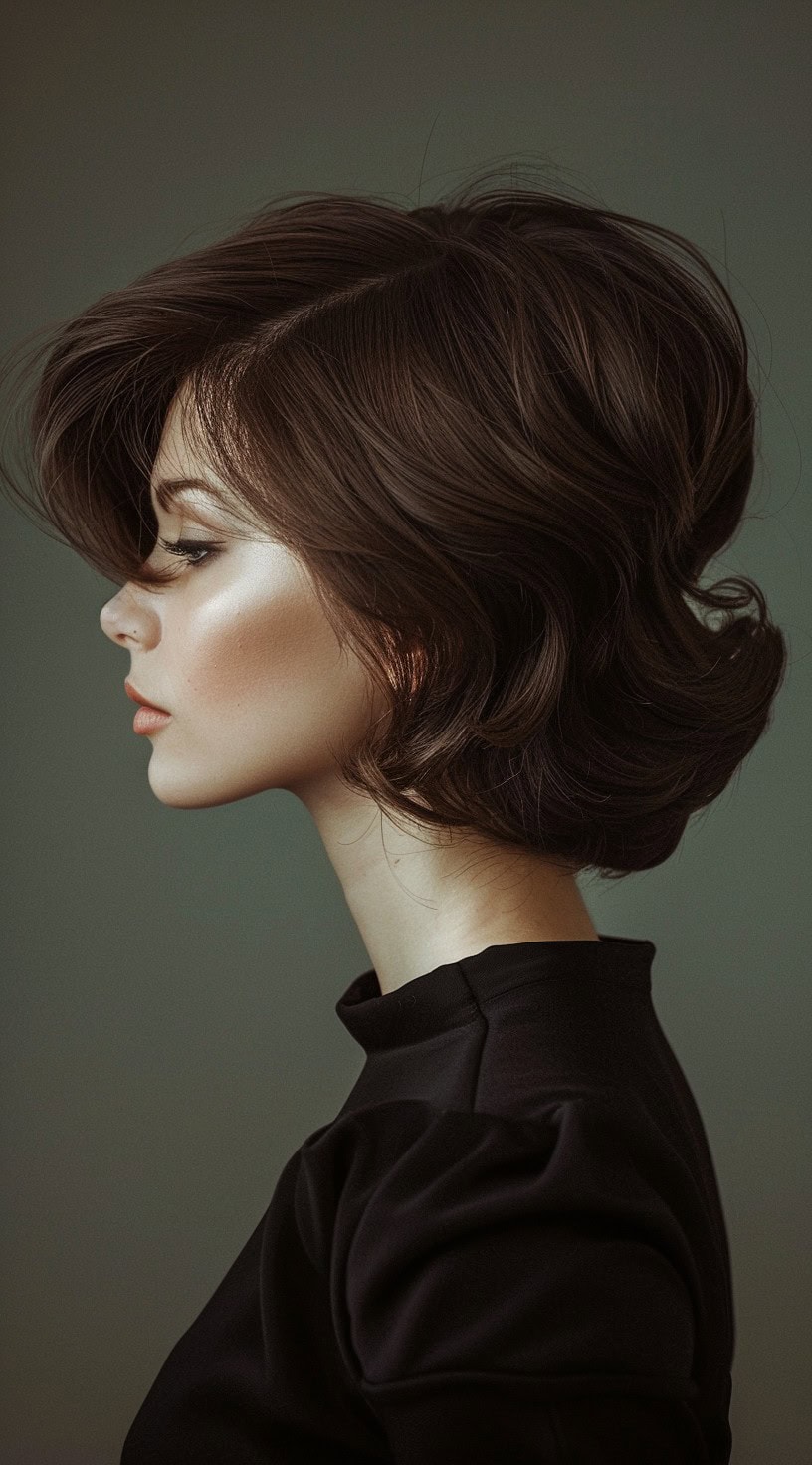 This image shows a side profile of a woman with a voluminous stacked bob with soft curls, featuring dark, luscious hair.