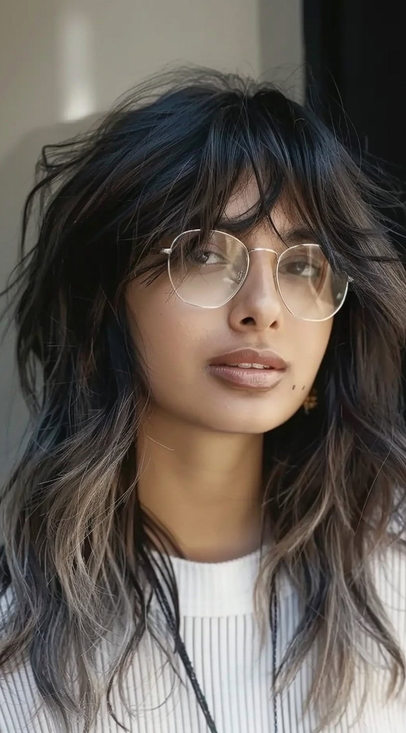 Close-up of a woman with voluminous top ombre hair and bottleneck bangs, creating a bold and dynamic look.