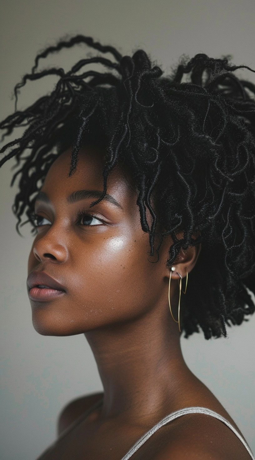 In this photo, a woman with voluminous tousled thin locs looks to the side, emphasizing the volume and texture of her hairstyle.