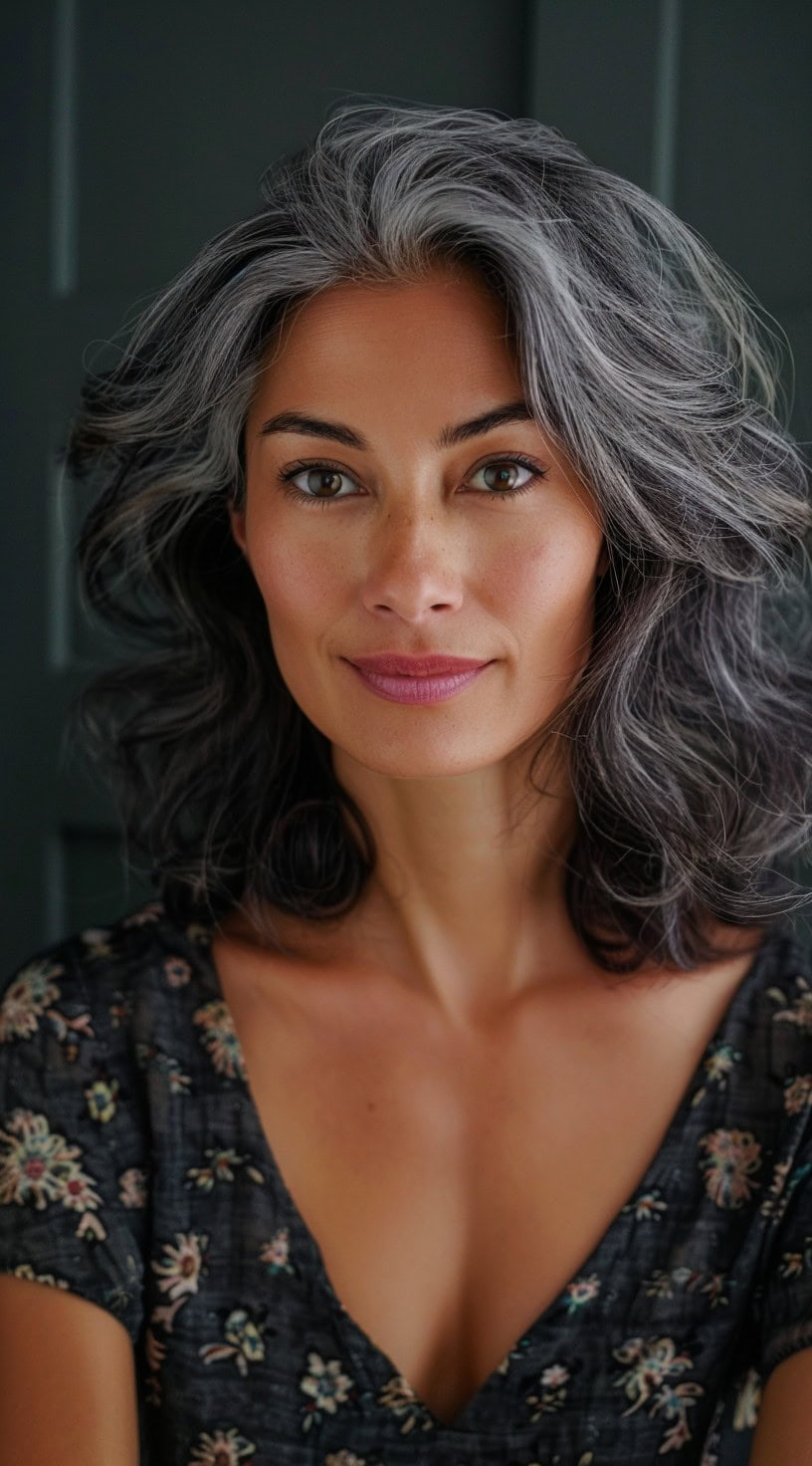 Voluminous waves with gray highlights on a woman with shoulder-length hair, creating a sophisticated and elegant look.