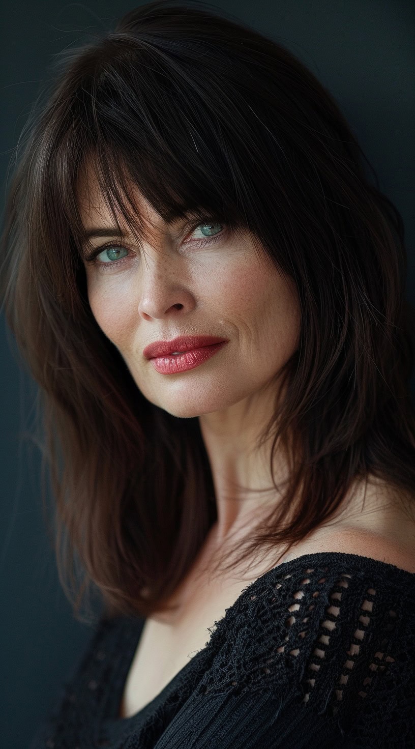 Voluminous hairstyle with wispy bangs on a woman with dark brown hair, adding texture and movement.