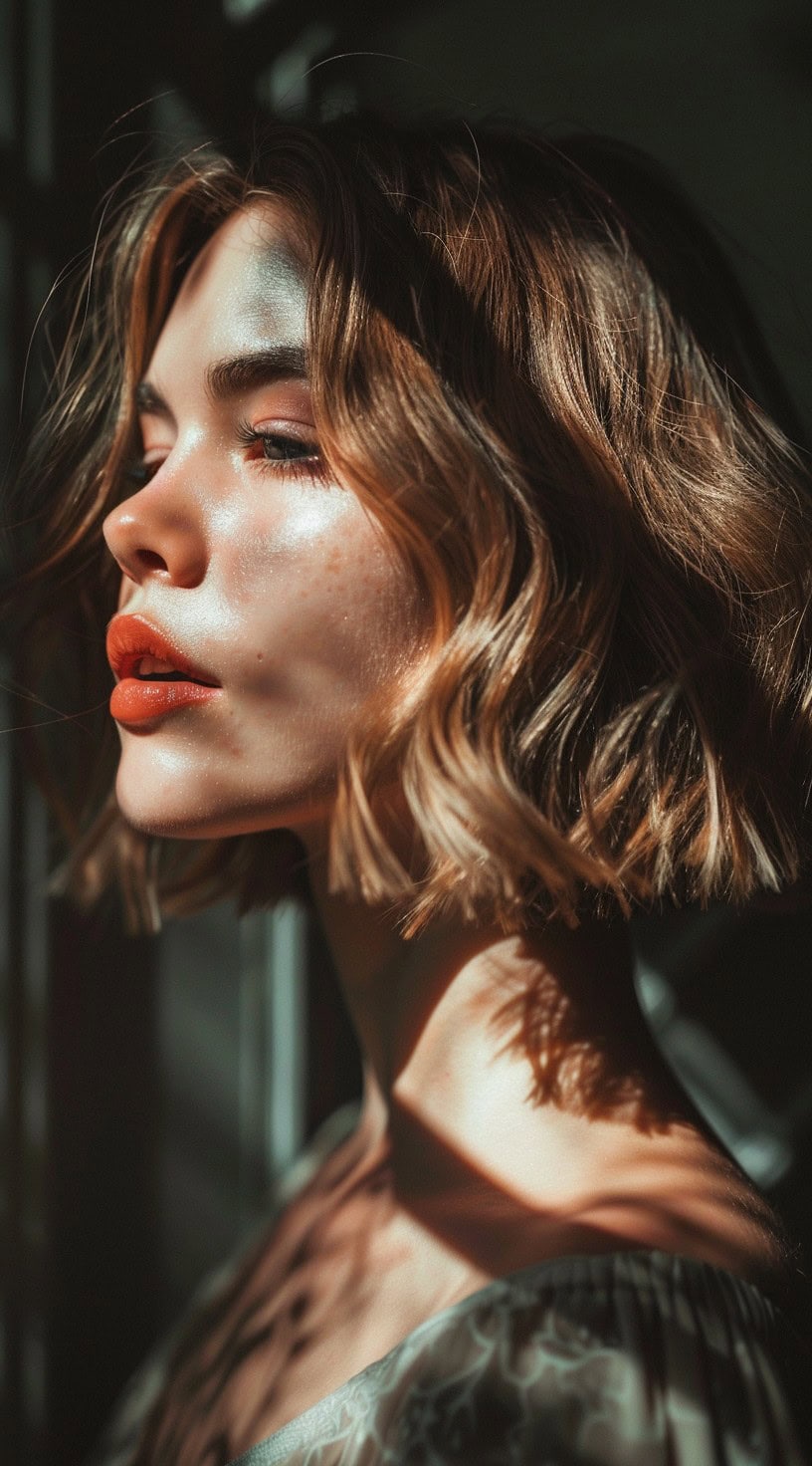 Side profile of a woman with a wavy blunt bob, under dramatic lighting.