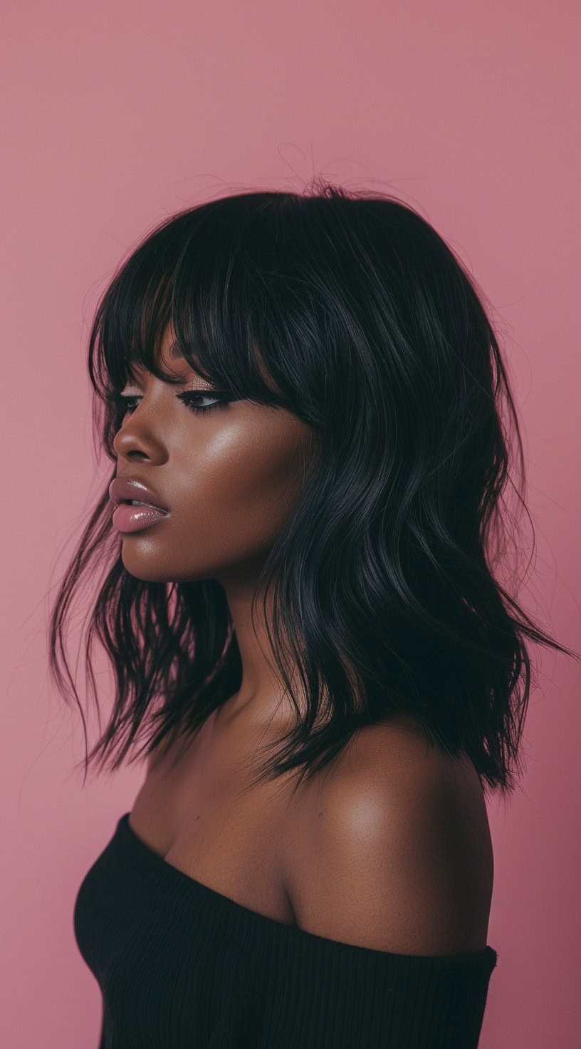 Side profile of a woman with a wavy bob and curtain bangs against a pink background.