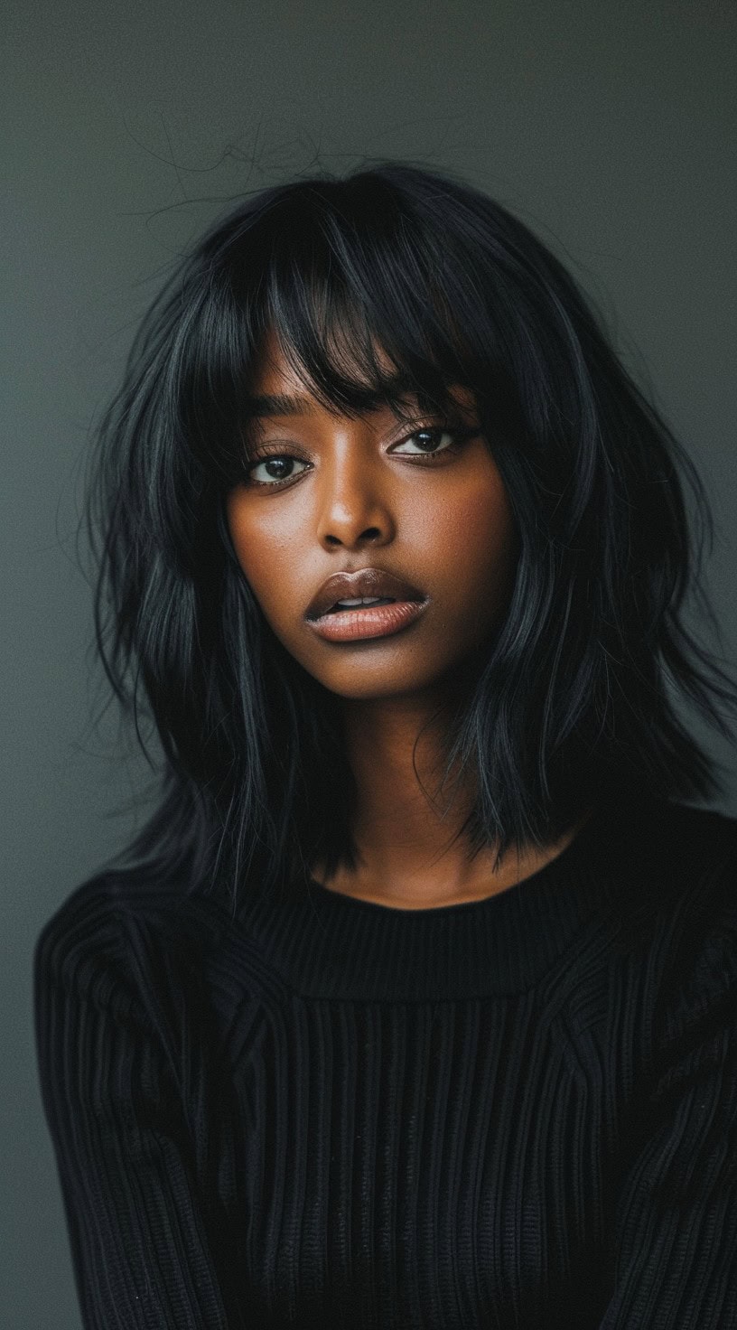 Front view of a woman with a wavy bob haircut and feathered bangs, wearing a black ribbed sweater.