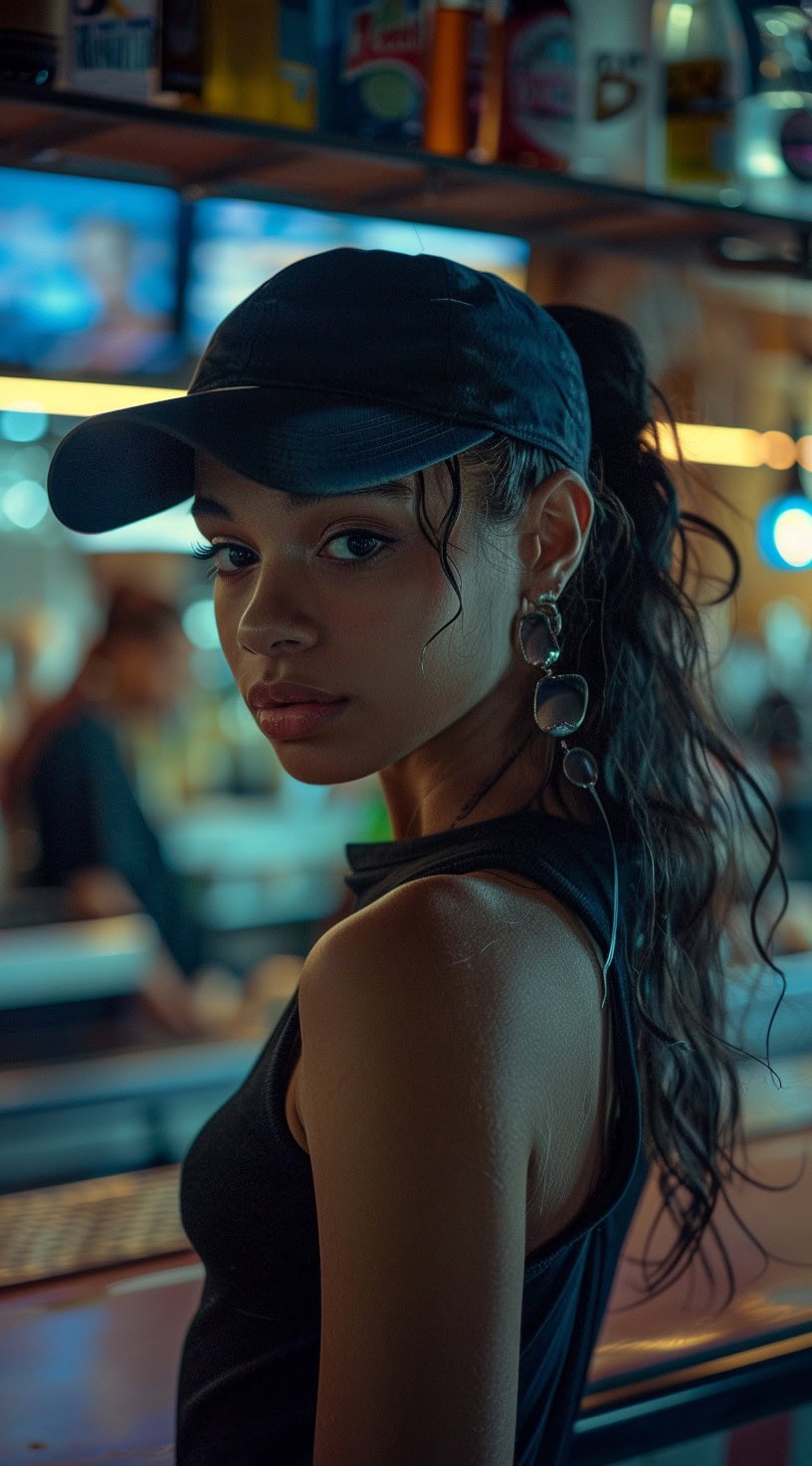 Young woman with a wavy ponytail and a black baseball cap.