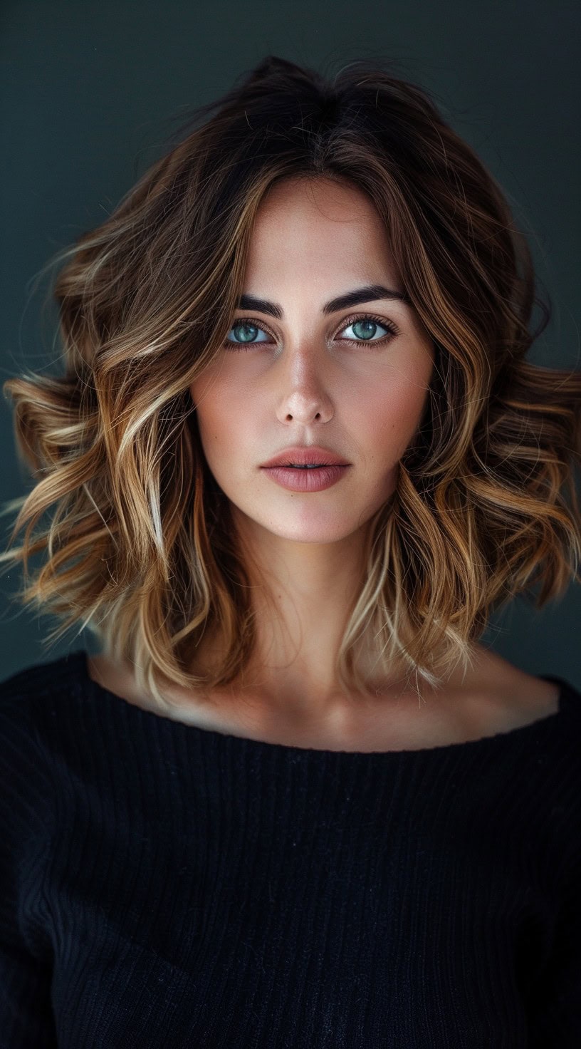 Wavy textured medium-length bob with highlights on a woman with light brown hair, adding depth and dimension.