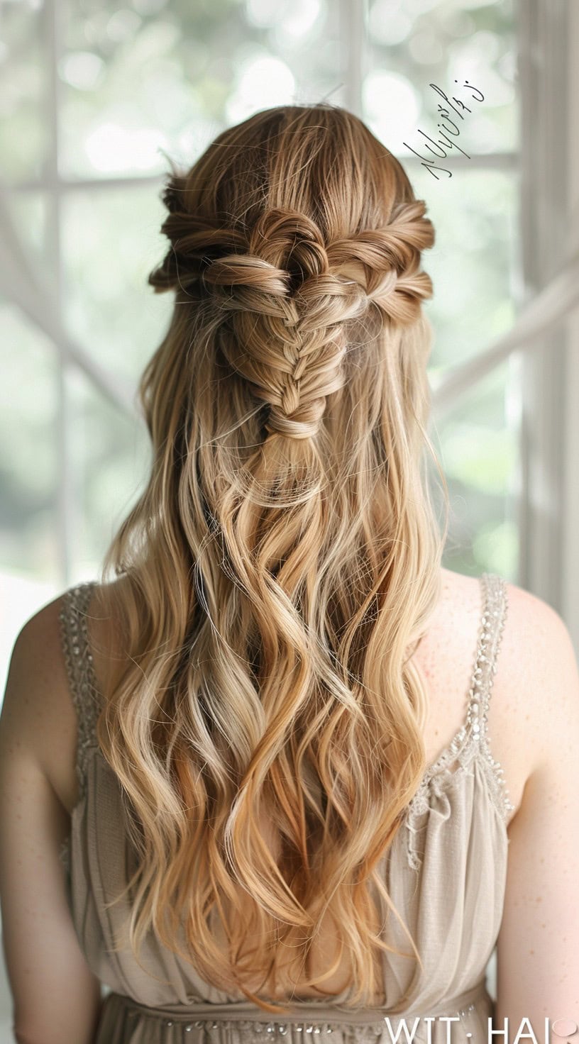 This photo shows a half-up hairstyle with a wide mini fishtail braid on wavy hair.