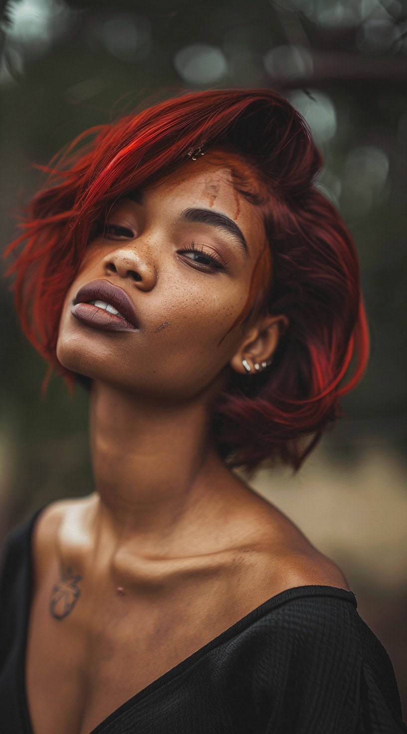 This photo features a woman with dark skin and a wind-swept asymmetrical red bob, with longer strands on one side.