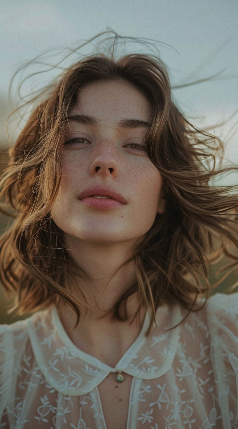 In this photo, a woman with a wind-swept bob and natural makeup looks into the distance.