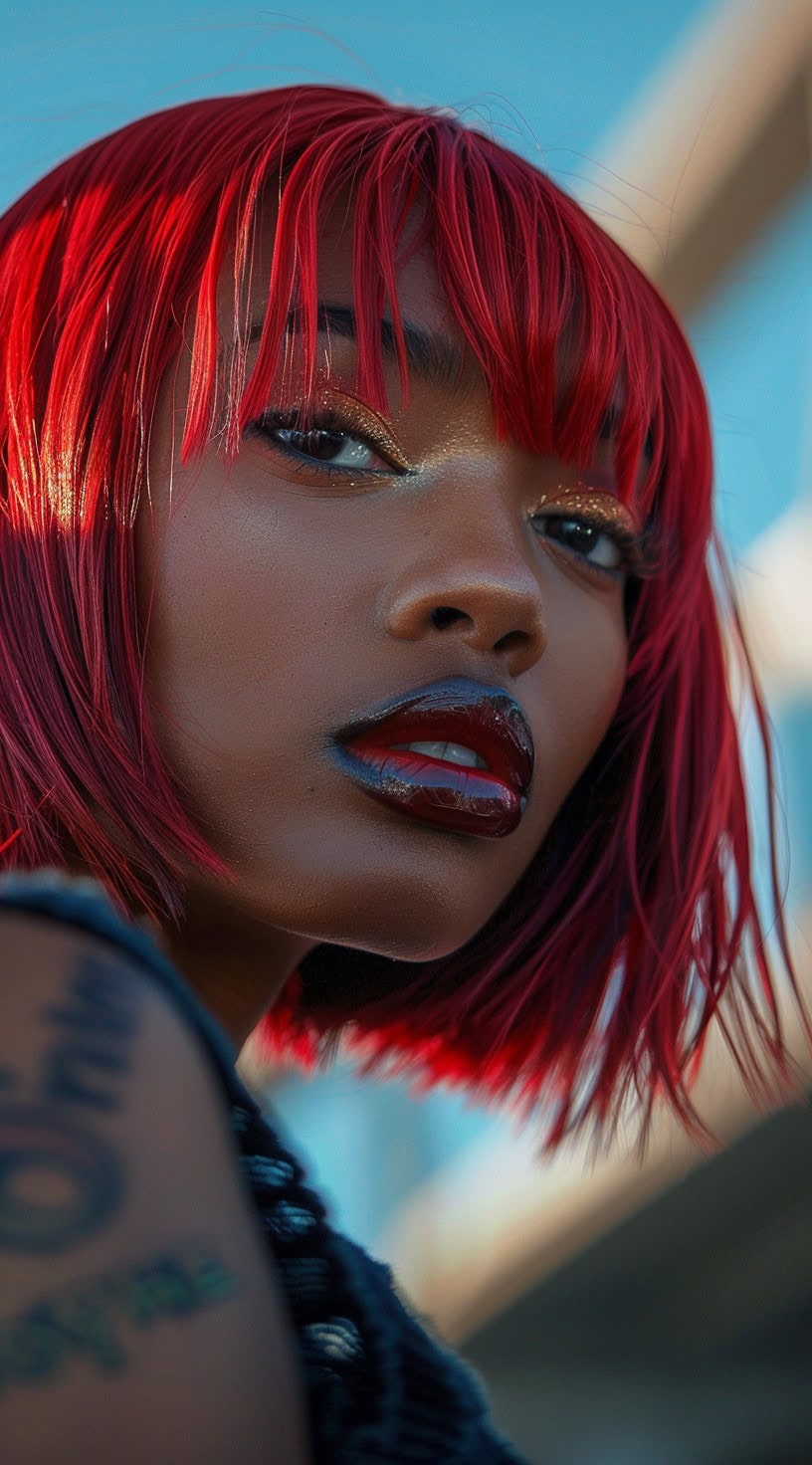 In the photo, a woman with a red bob and wispy bangs is shown.