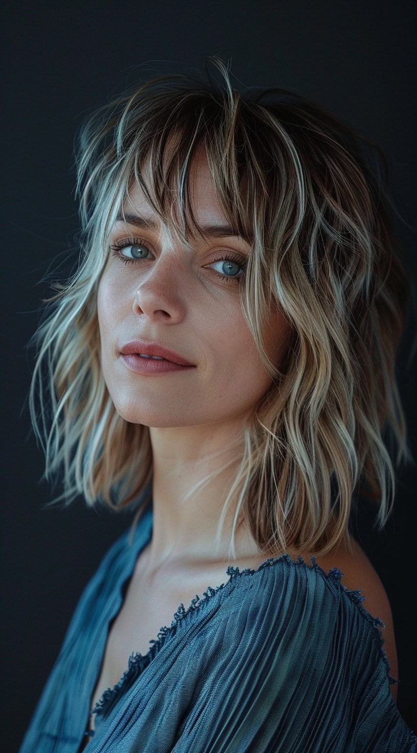 A woman with wispy bangs and choppy layered waves, wearing a blue blouse.