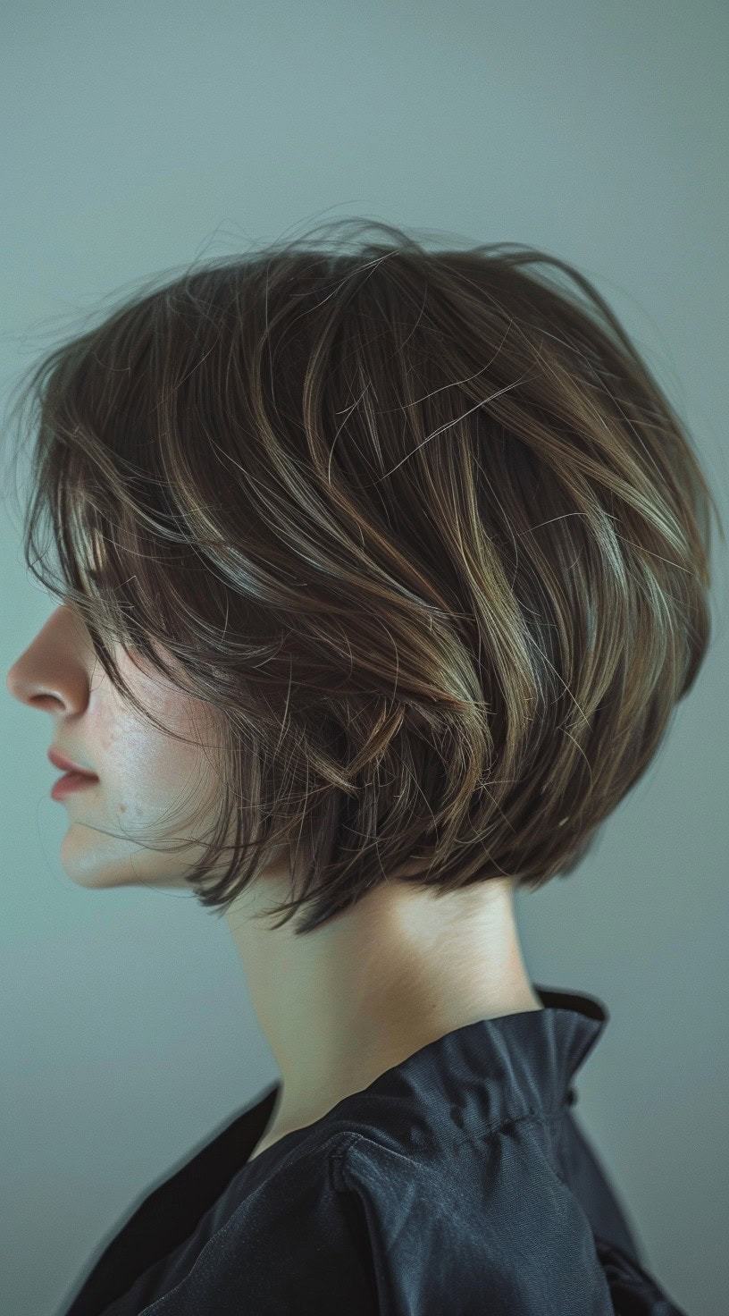 This image shows a side profile of a woman with a wispy layered stacked bob, featuring soft, tousled layers.