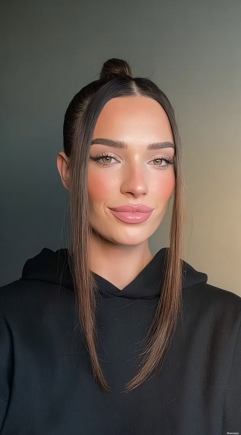 A woman in a black hoodie with her hair in a high half-bun, styled sleek with long tendrils framing her face.