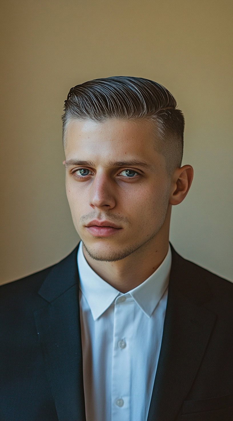 A young man with a slicked-back hairstyle wearing a suit and white shirt.