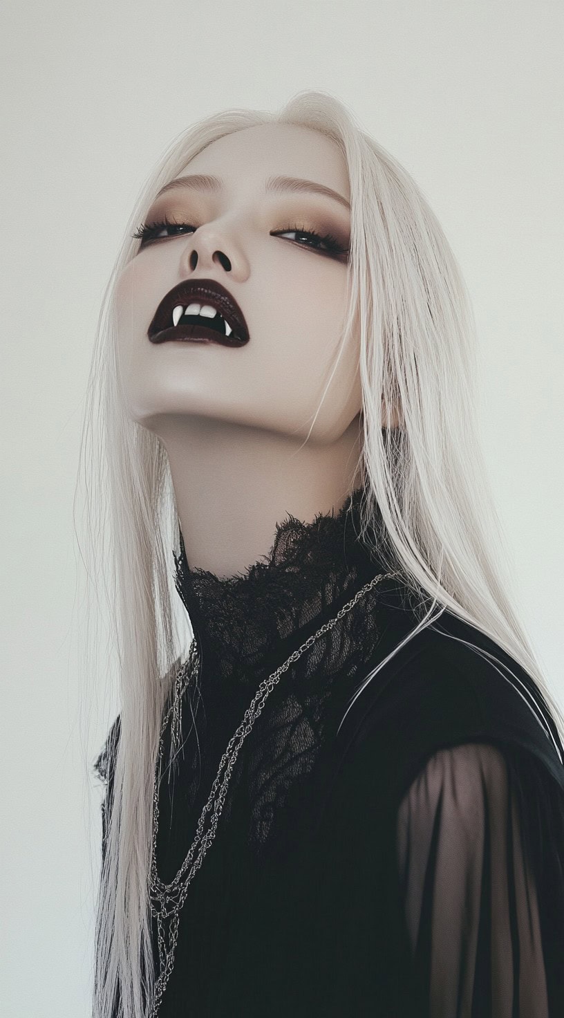 This image portrays a woman with long, sleek, white-blonde hair and a middle part, showcasing vampire fangs.