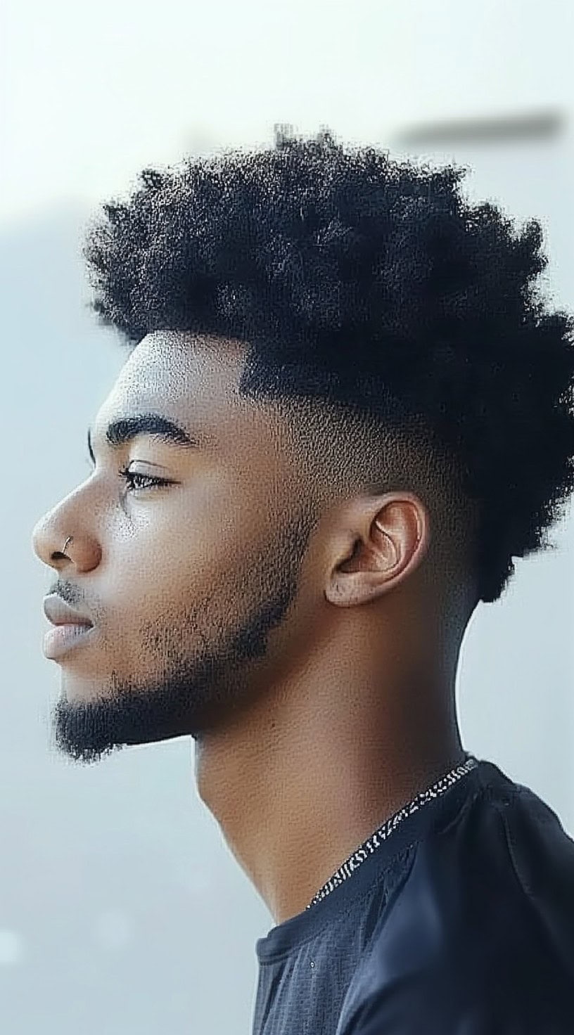 Side profile of a man with an afro fade and a sharp line-up, creating a clean and modern look.