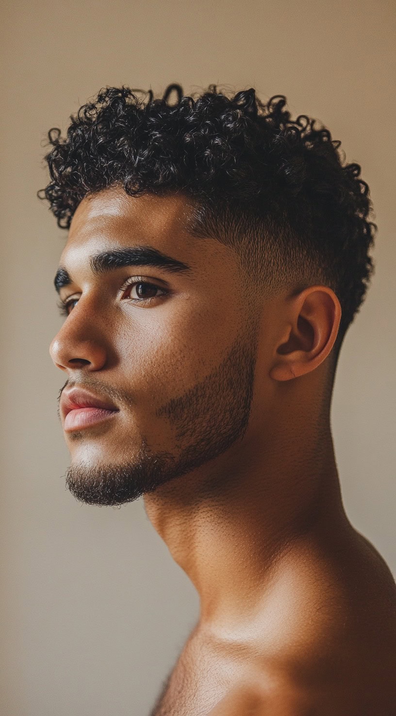 Black and white side profile of a man with an afro fade featuring tapered sides and a high top.