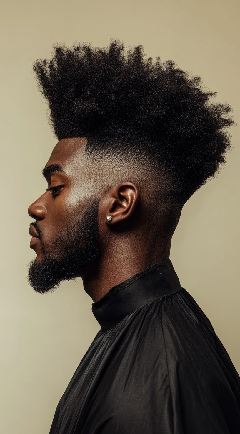 Side profile of a man with an afro high top fade and a precise shape-up, emphasizing the height and sharpness of the style.