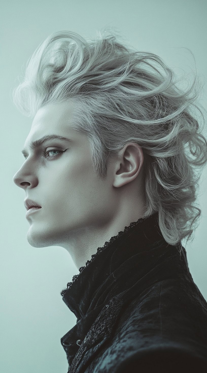 Side profile of a young man with voluminous, wavy platinum blonde hair styled upwards.