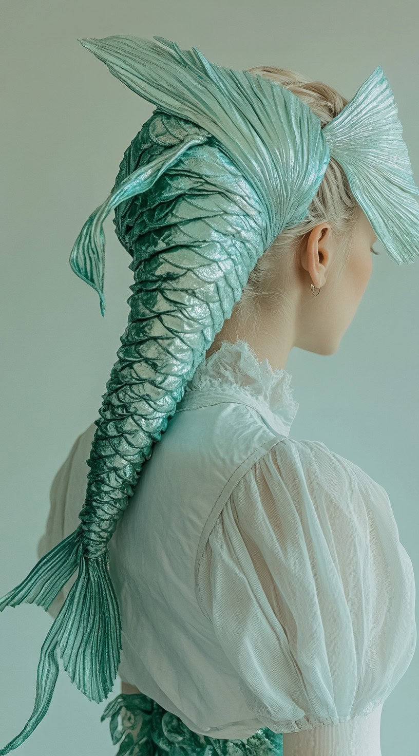 This image shows a person with blonde hair with an intricate fish tail braid accessory, resembling a mermaid tail.