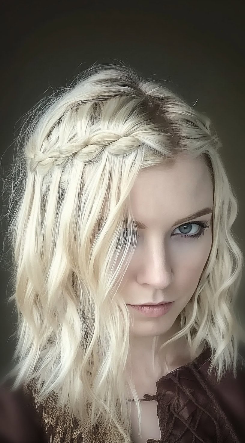 Asymmetrical braided crown with waterfall braids on a blonde woman with short, wavy hair.