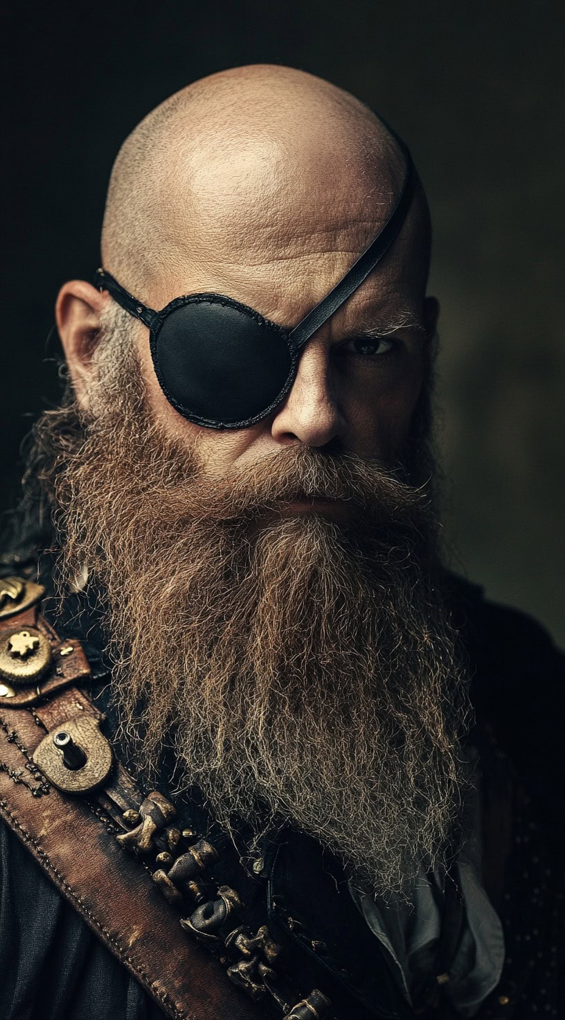 Bald man with a thick beard and an eyepatch, giving a stern look.