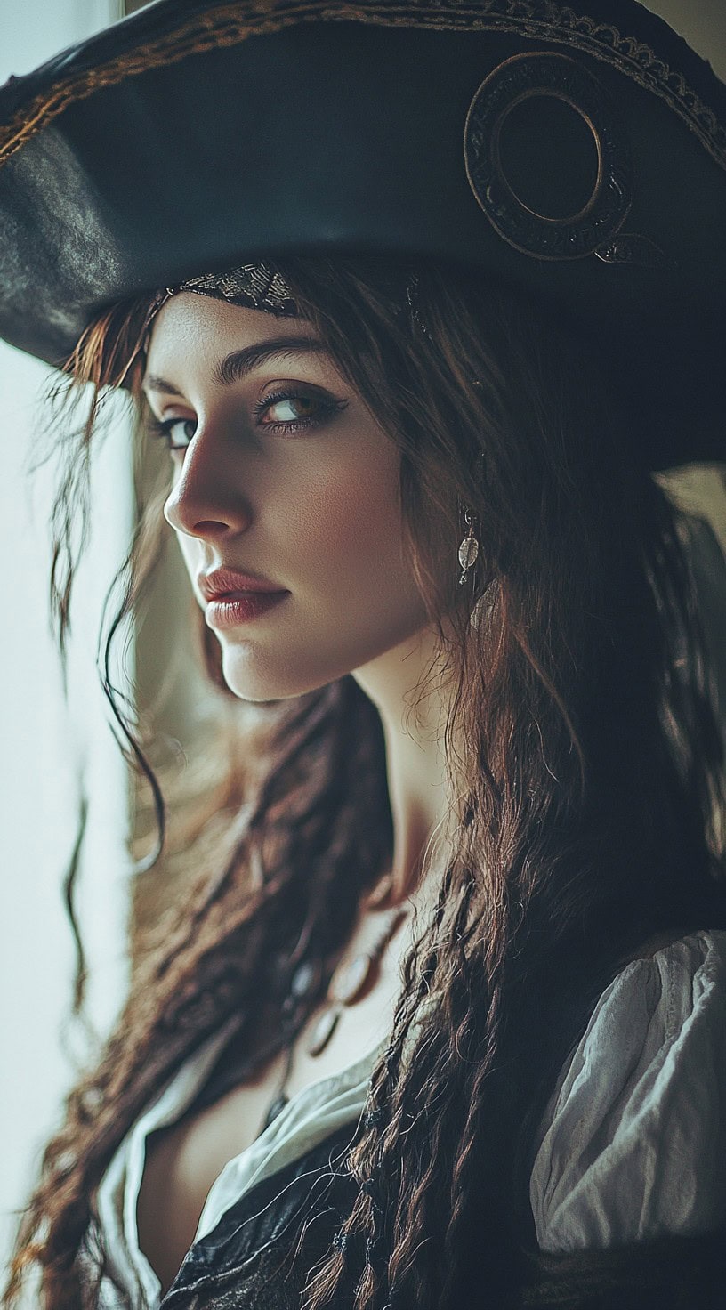 A woman with long, loose waves ending in twists, wearing a pirate hat and a bandana.