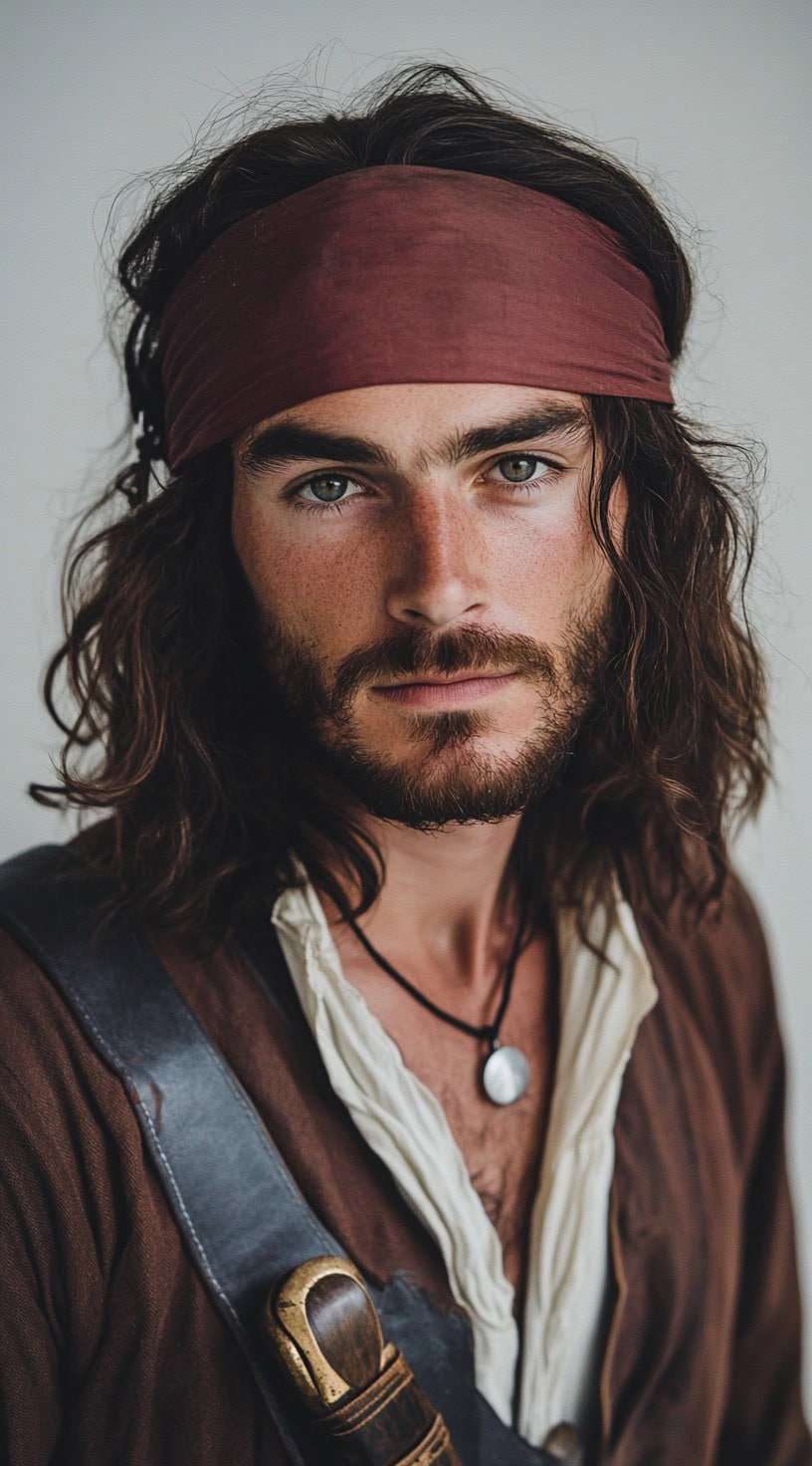 Man with wavy hair covered by a brown bandana, wearing a pendant necklace and a leather strap across his chest.