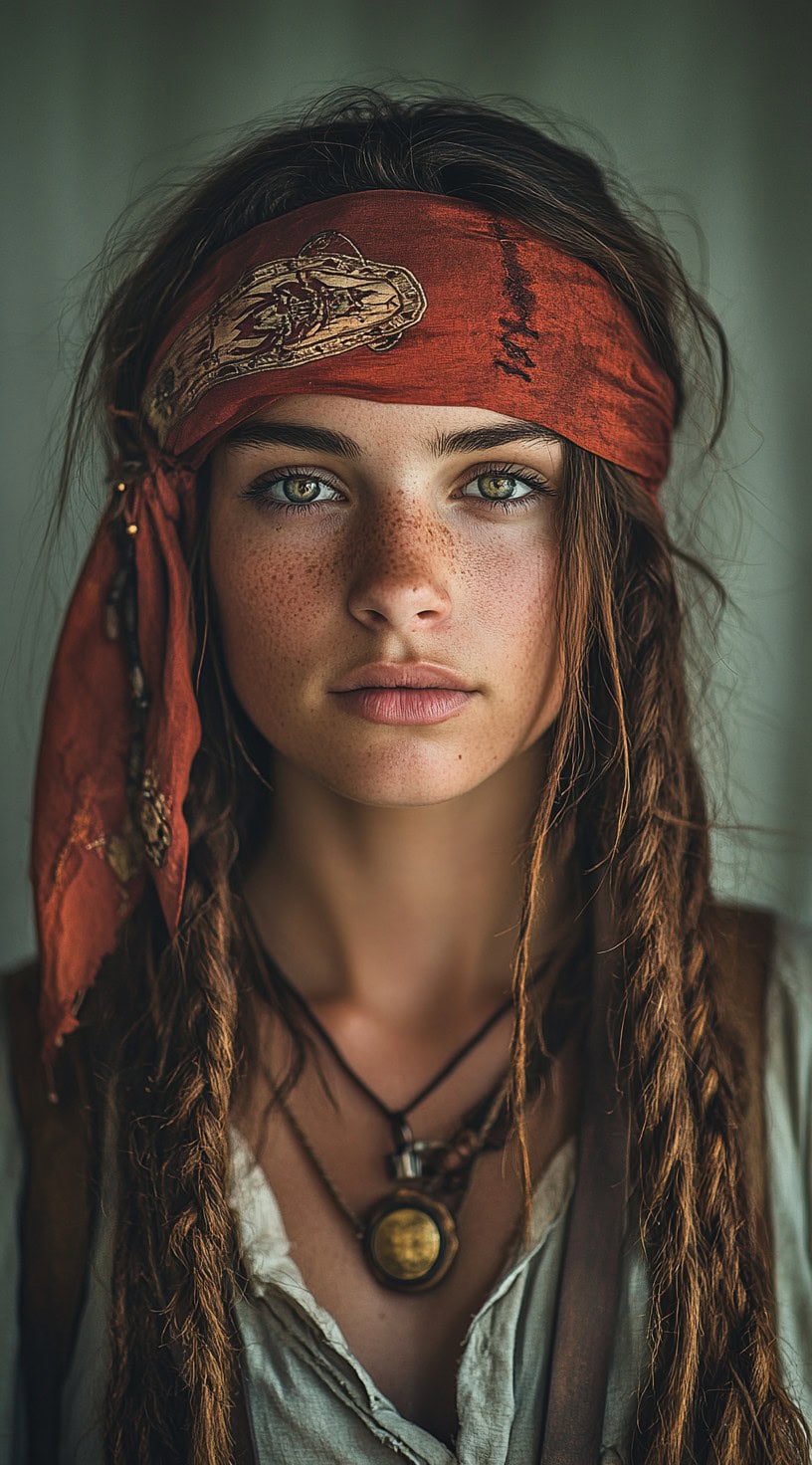 A woman with a red bandana, a mix of loose hair, and small braids.