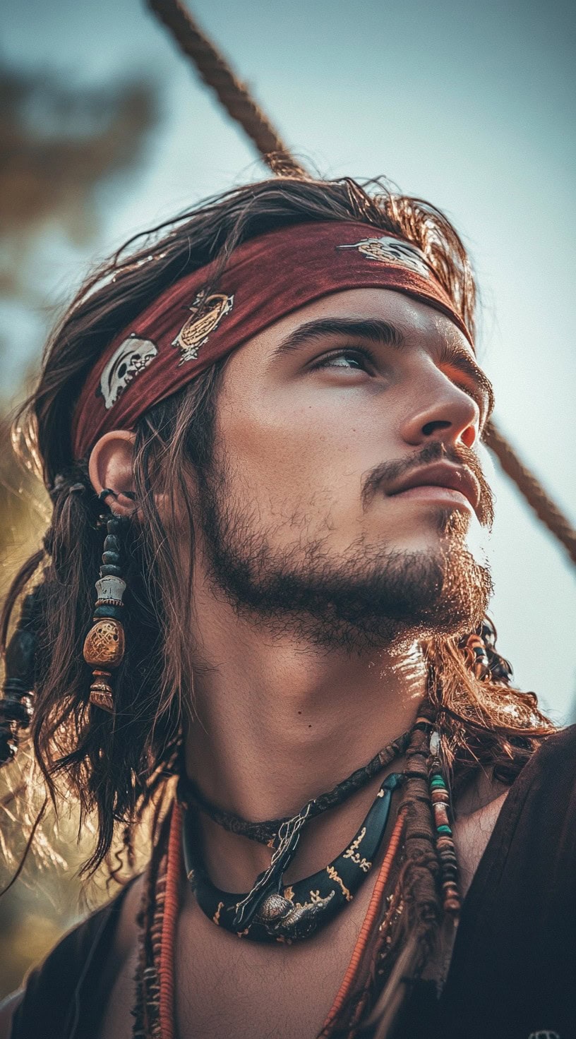 Profile view of a man with a red bandana and beaded medium-length hair, looking into the distance.