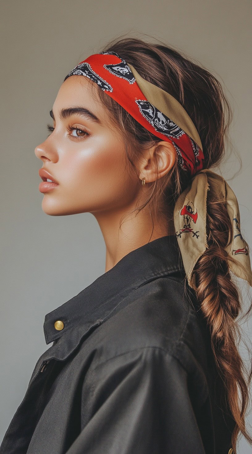 A woman with a low braided ponytail secured with a colorful bandana.