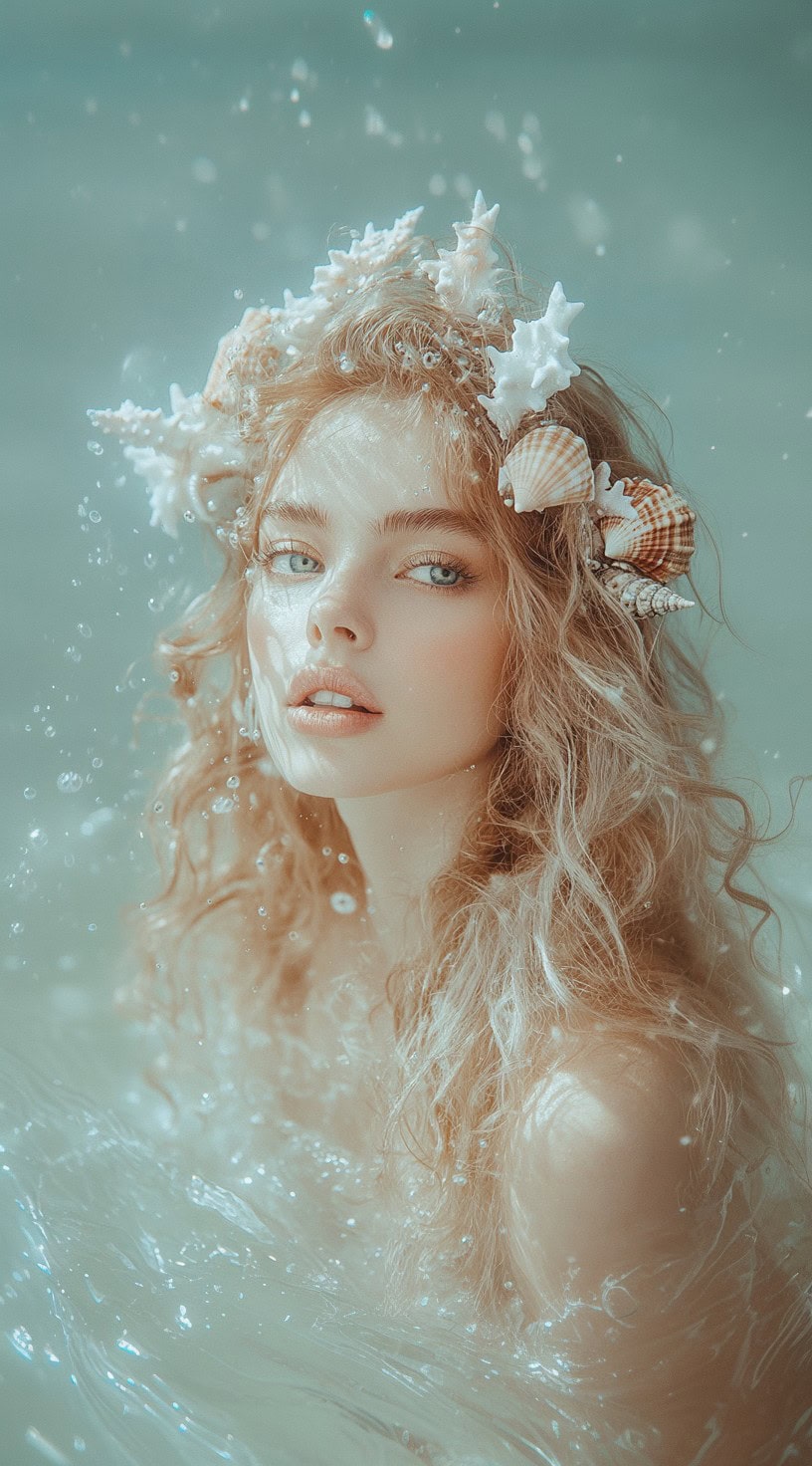 This image shows a person with beachy waves and a seashell crown, set against an ocean backdrop.