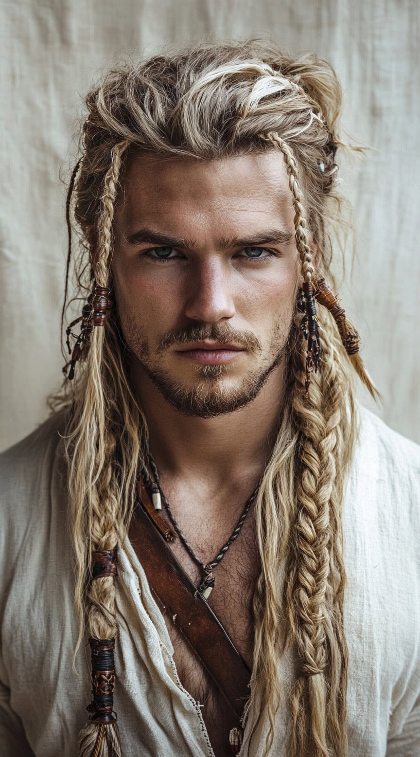 Man with long dirty blonde hair, featuring two low braids and several small braids framing his face.