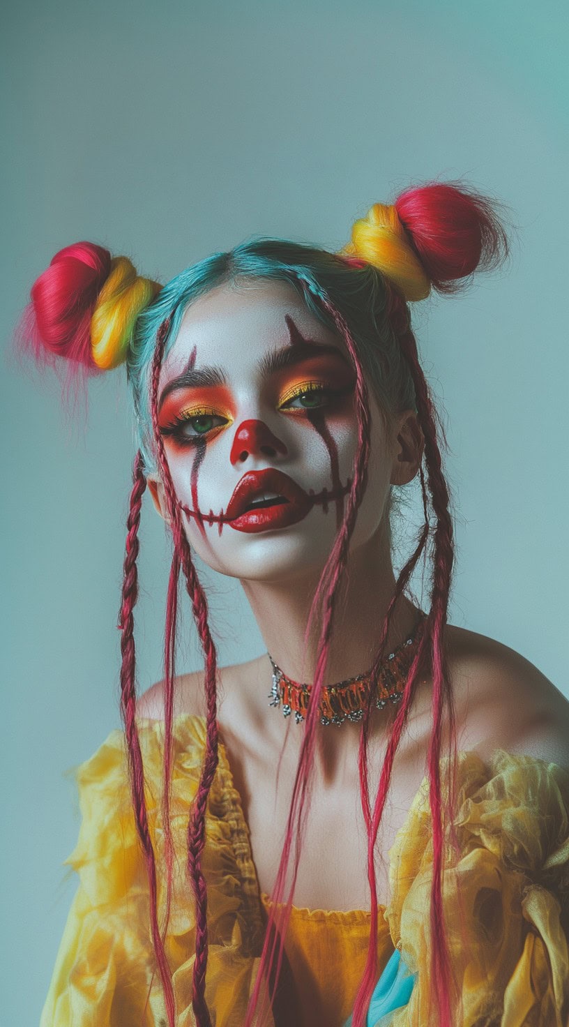 Colorful clown makeup with bi-colored hair in double buns and loose braids.