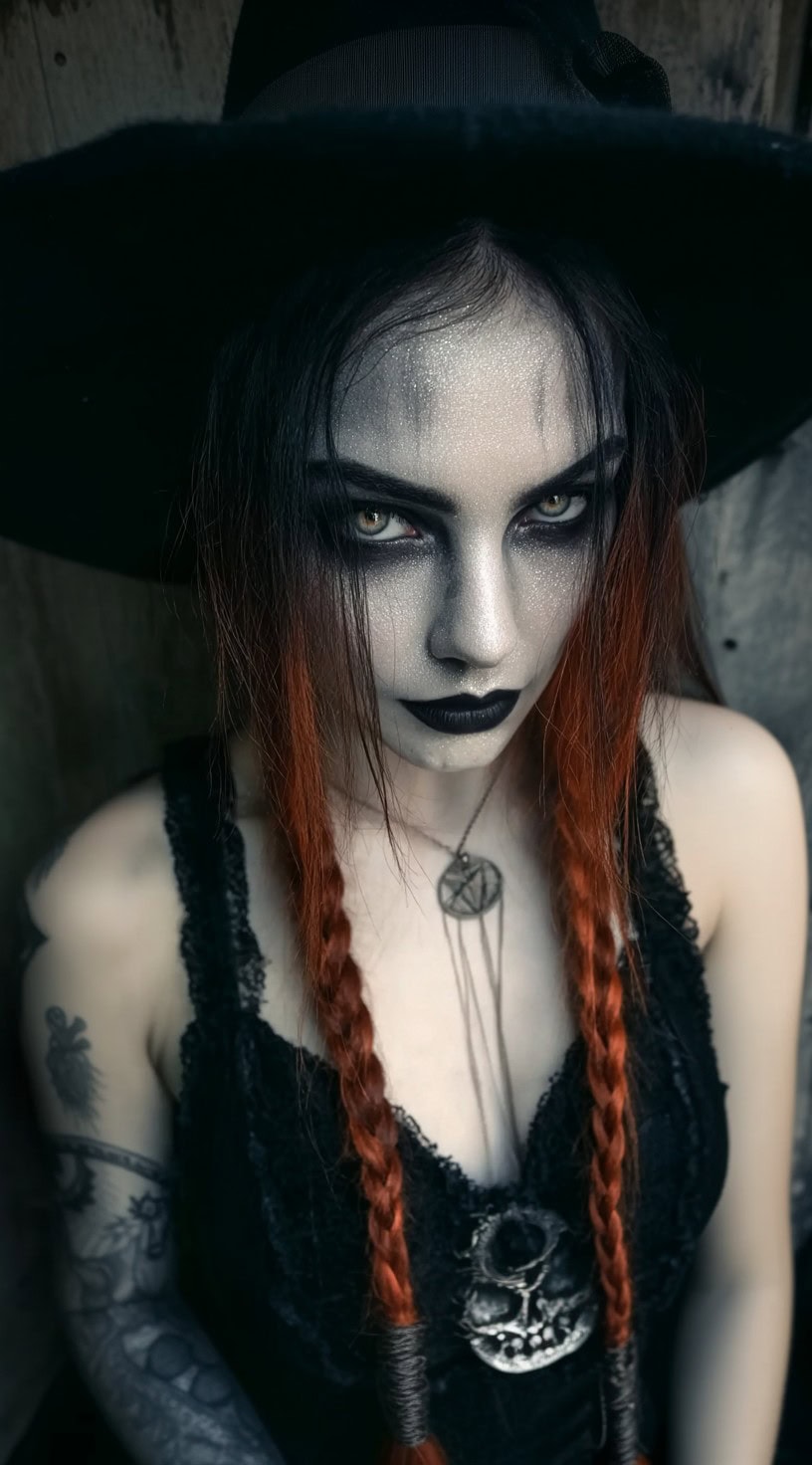 A woman with black hair fading into fiery red braids, intense dark makeup, and a classic pointed witch hat.