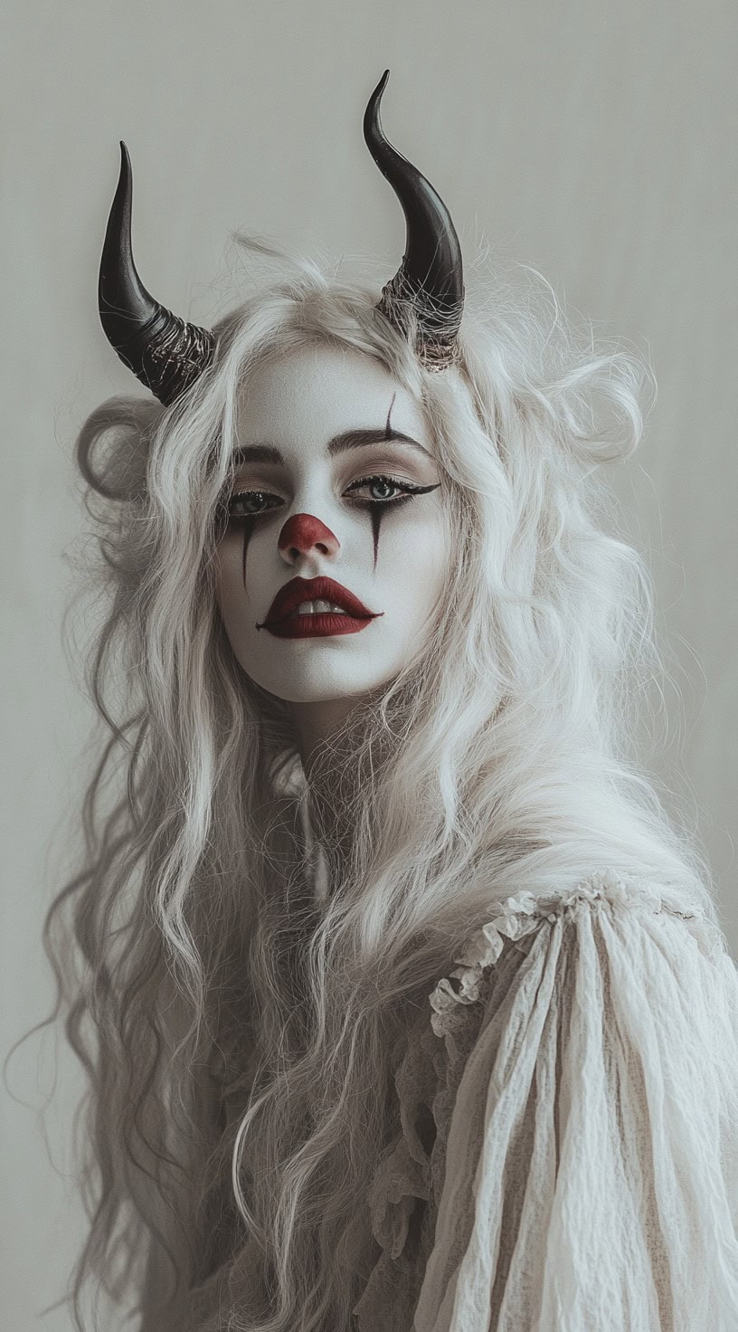 Platinum blonde wavy hair with black horns and clown makeup.