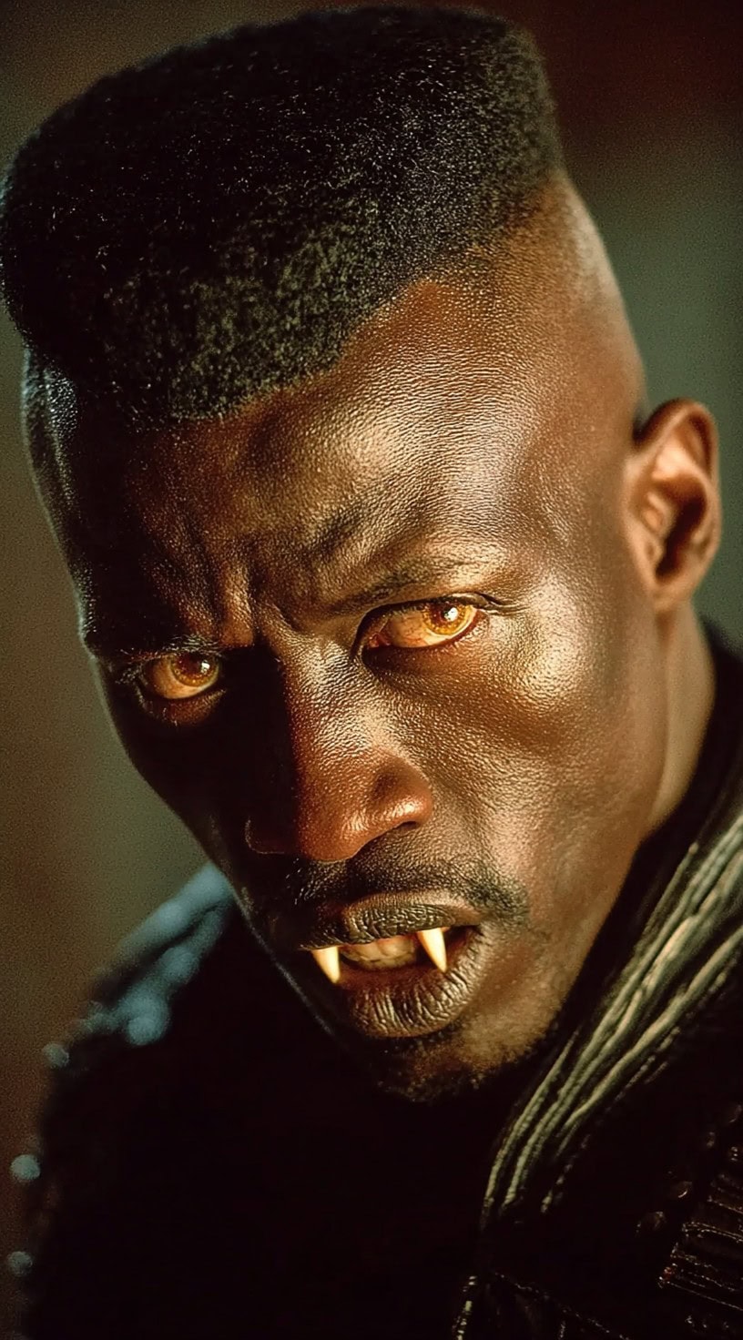 A man with a high flat top haircut and sharp hairline snarls to reveal elongated vampire fangs and golden eyes.