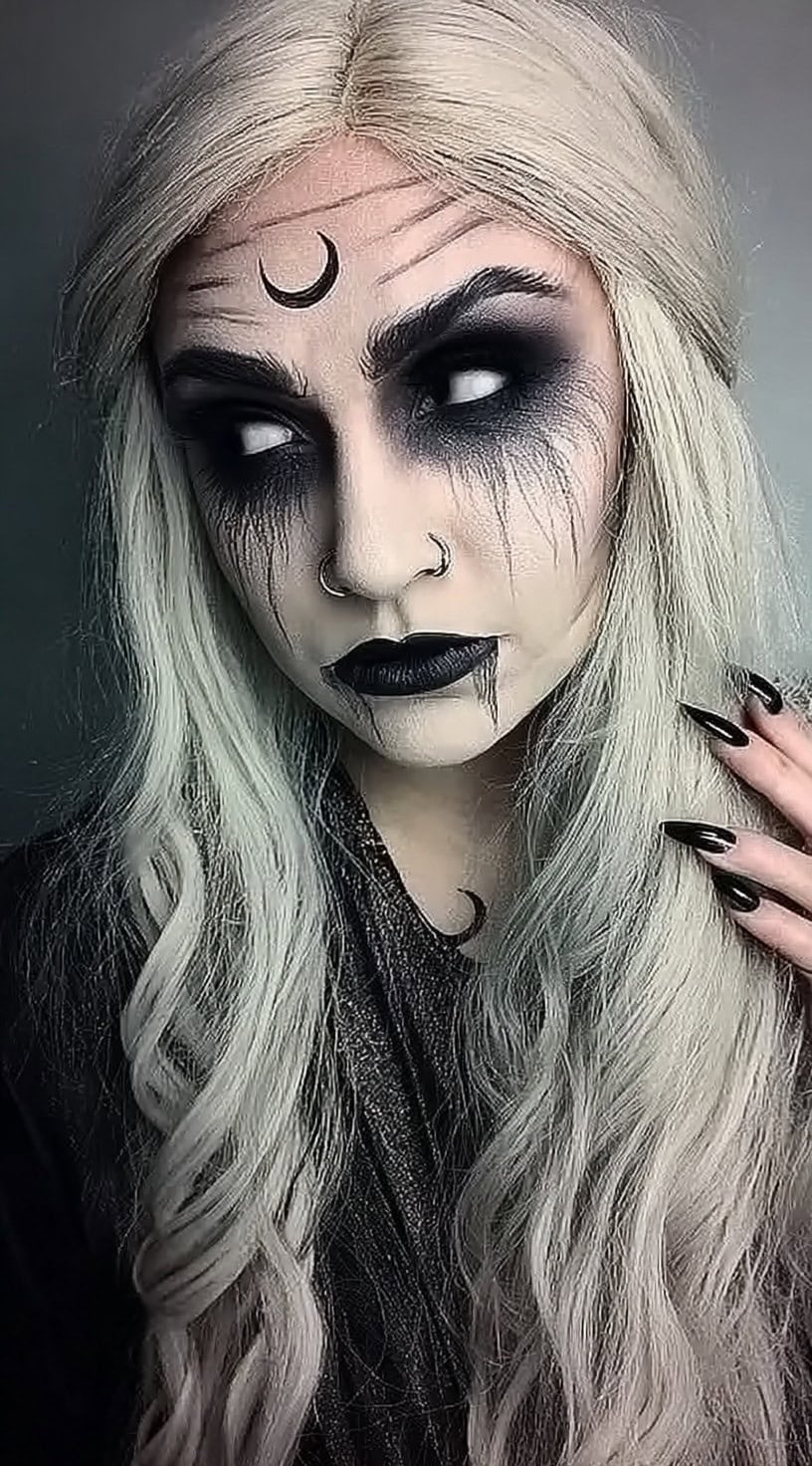 A woman with long, platinum waves, dramatic black makeup, and crescent moon symbols on her forehead and chest.