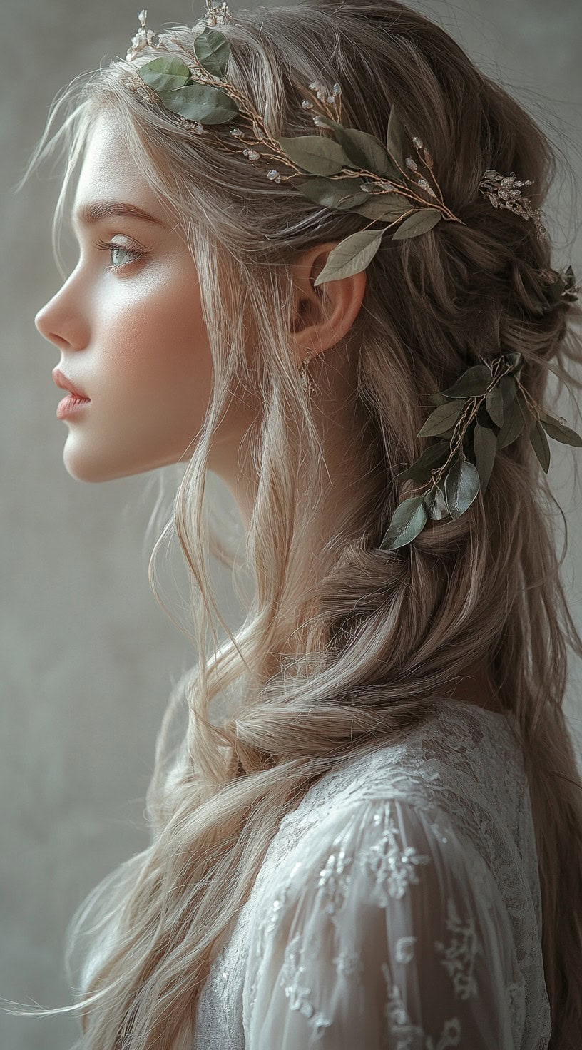 Side profile of a woman with a loose bohemian braid adorned with greenery and floral accents.