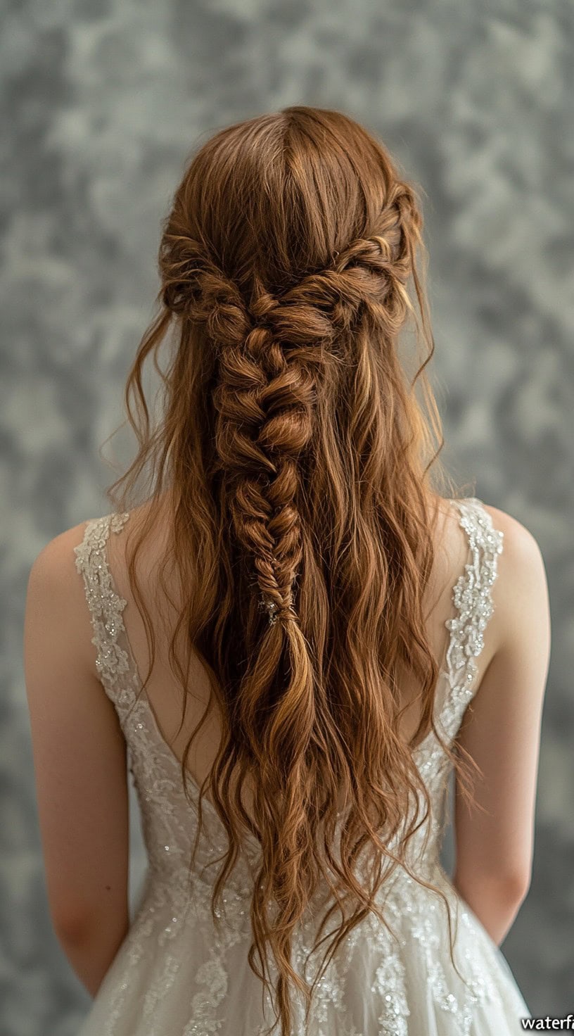 A rear view of a woman with a boho-inspired braided half-updo, featuring loose waves and intricate braids.