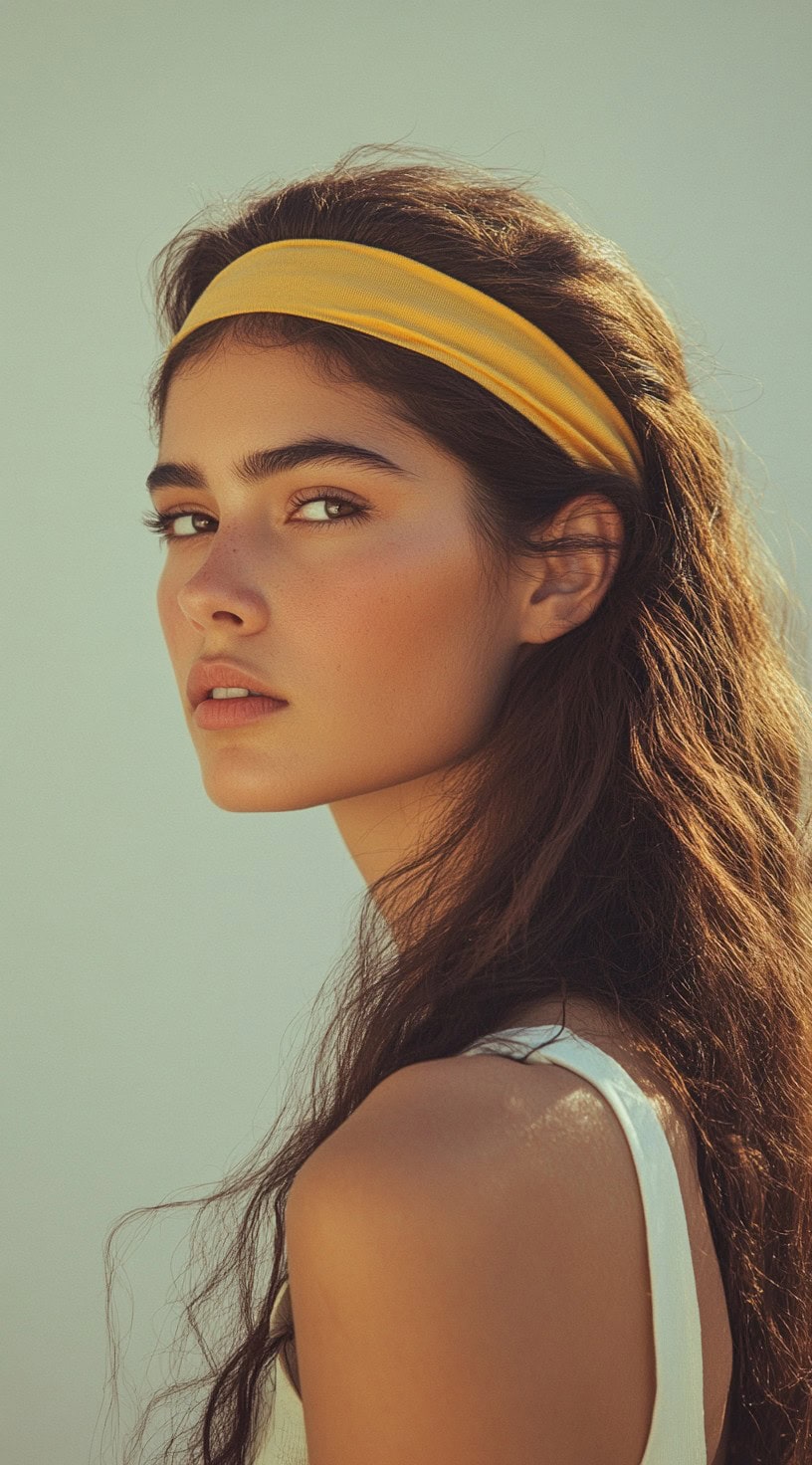 Side profile of a woman with loose, boho waves and a yellow headband.