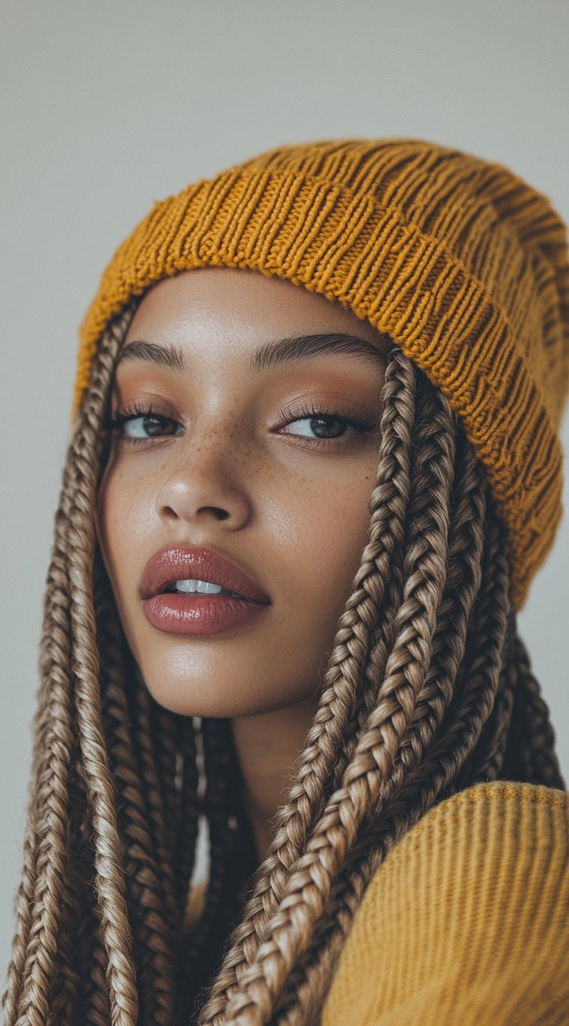 A young woman with blonde box braids and a mustard beanie, creating a vibrant and stylish appearance.