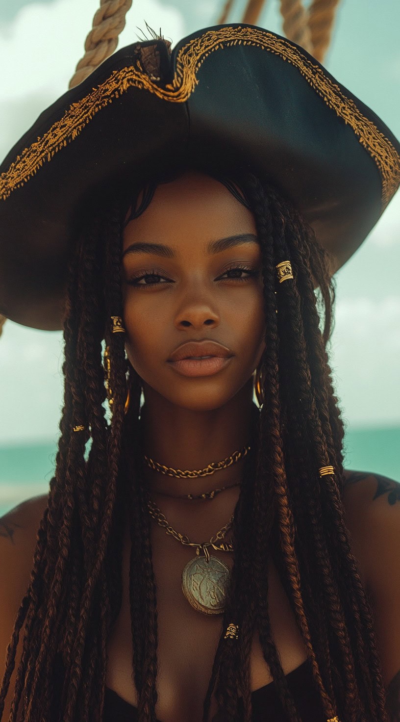 A woman with long box braids, decorated with beads and rings, wearing a pirate hat.