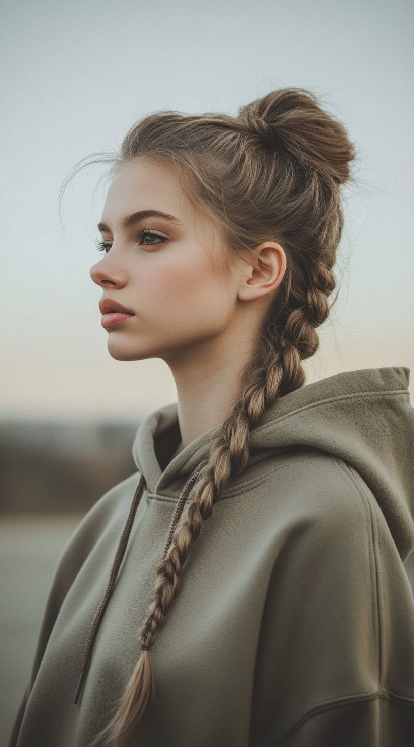 Side profile of a young woman with a combination of a braid and a bun, wearing a green hoodie.