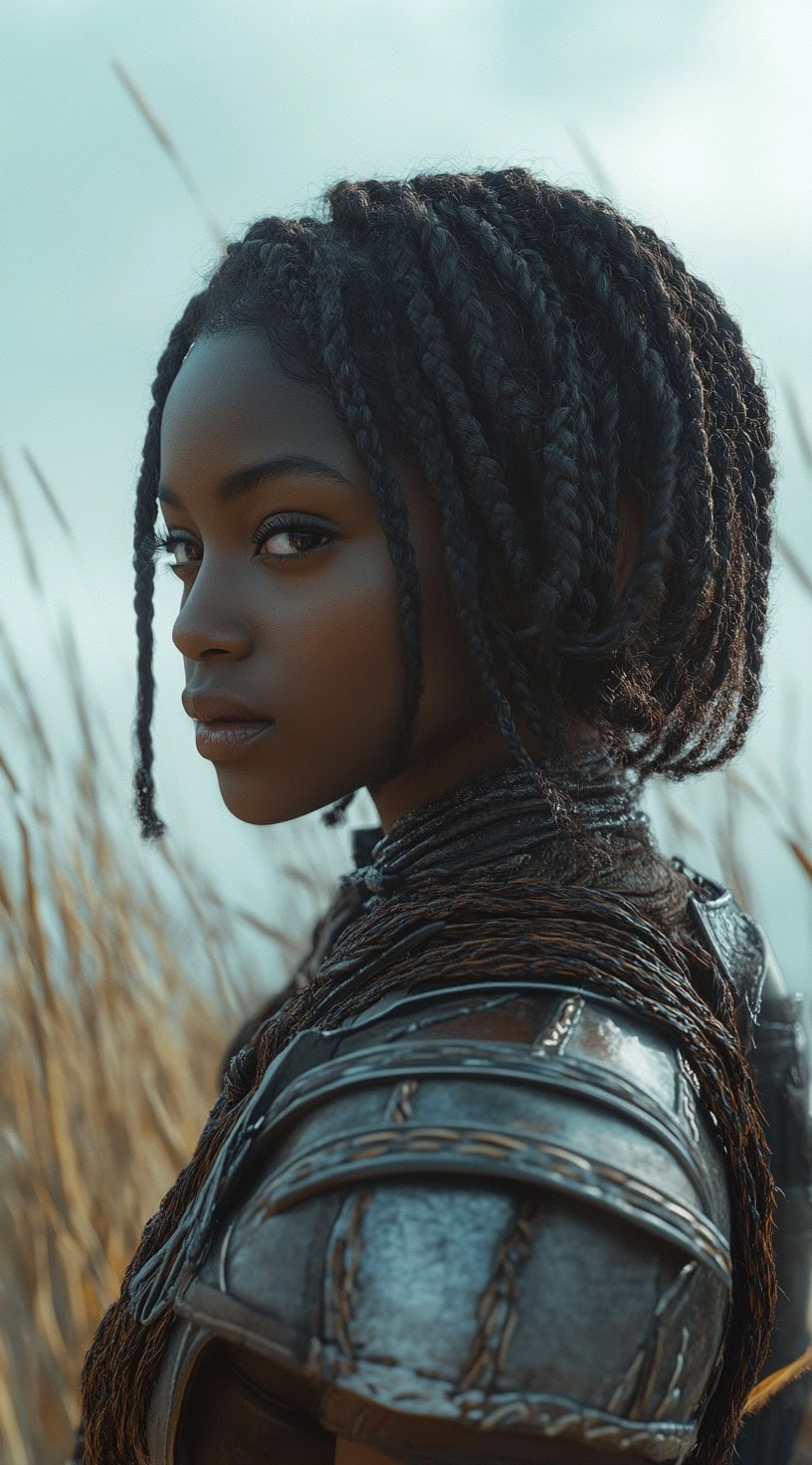 Braided bob on a dark-skinned woman with thick, coiled hair wearing a warrior outfit.