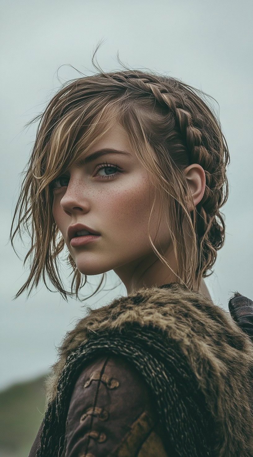 Braided crown bob on a young woman with short, blonde hair and soft waves, wearing a fur-lined costume.