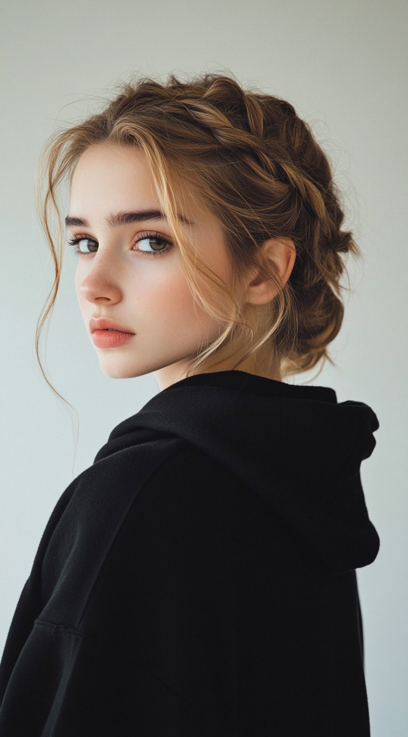 Rear view of a young woman with a braided crown updo, wearing a black hoodie.